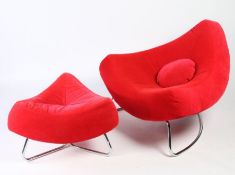 A red upholstered coconut chair with matching footstool and cushion. Chair: 80cm tall, footstool: