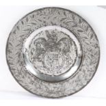 An exceptional Charles II pewter engraved Royal Commemorative broad rim charger, dated 1671 The well