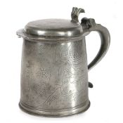 A remarkable and very rare pewter Royal portrait wrigglework flat-lid tankard, English, circa 1695-