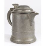 A George II pewter dome-lidded straight-sided spouted tankard, circa 1730 Pint, the drum with low