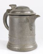 A George II pewter dome-lidded straight-sided spouted tankard, circa 1730 Pint, the drum with low