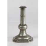 A rare and fine William & Mary pewter ball-knop candlestick, circa 1690 With depressed flange,