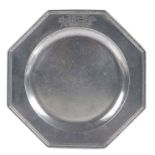 A rare George II/III pewter octagonal plate, circa 1750-60 The rim with applied triple-reeded