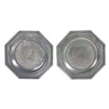 A rare pair of George II pewter octagonal plates, circa 1750 Each having a rim with applied