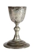 A Queen Anne pewter chalice or possible wine cup, circa 1710 The 'bucket' bowl on a knopped stem,