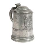 A rare William & Mary pewter OEAS quart domed-lidded straight-sided Royal commemorative tankard,