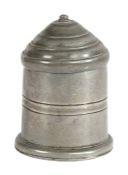 A Queen Anne pewter spice pot, Lancashire, circa 1705 Of tapering straight-sided cylindrical form,