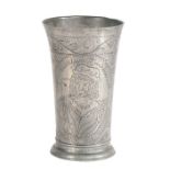 A late 17th century pewter wrigglework beaker, Dutch, circa 1690 The tall, flared, drum designed