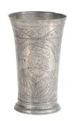 A late 17th century pewter wrigglework beaker, Dutch, circa 1690 The tall, flared, drum designed