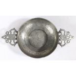 An exceptionally rare William III pewter Royal commemorative double-eared porringer, circa 1690-1700