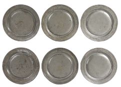 A rare set of six William & Mary/Queen Anne pewter narrow and multi-reeded rim plates, circa 1690-