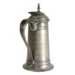 An unusual pewter George I knopped flagon, circa 1715 Having an all-over hammered tapering