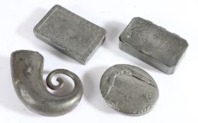 A group of four 18th to 19th century pewter snuff boxes, English   One designed as a rams' horn,