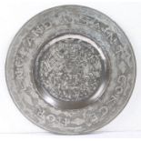 A unique Charles II pewter engraved and wrigglework broad rim dish, Worcestershire, dated 1674 The