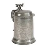 A William & Mary pewter flat-lid wrigglework tankard, Bewdley/Wigan, circa 1690-1700 A reputed