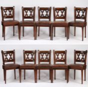 A good set of ten English Gothic revival mahogany dining chairs, circa 1840, with leaf carved