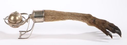 An unusual Australian silver mounted kangaroo foot cigar lighter, maker J.W. Steeth, the lighter