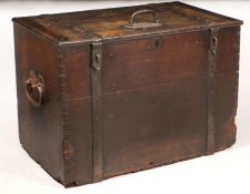 A large 19th century oak and iron bound silver trunk, the rectangular plank top with large iron