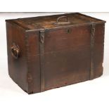 A large 19th century oak and iron bound silver trunk, the rectangular plank top with large iron