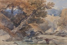 James Duffield Harding, RWS (British, 1797-1863) Rocky Stream with Bridge watercolour 13.5 x 19.