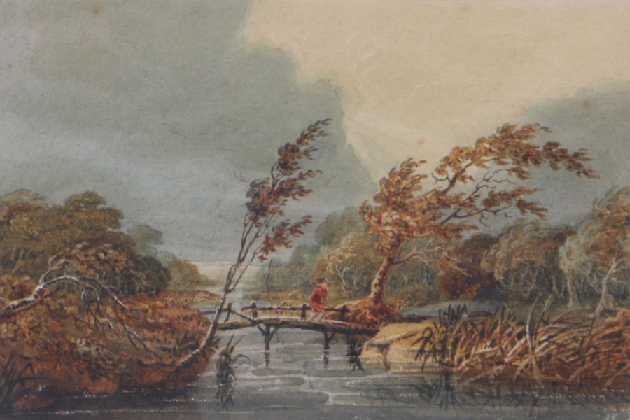 Circle of John Linnell (British, 1792-1882) Landscape with Figure on Bridge watercolour 11 x 17cm (