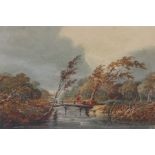 Circle of John Linnell (British, 1792-1882) Landscape with Figure on Bridge watercolour 11 x 17cm (