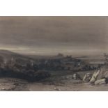 Henry Bright (British, 1810-1873) Distance Castle in Twilight Landscape  crayon 24 x 34cm (9.5" x
