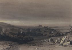Henry Bright (British, 1810-1873) Distance Castle in Twilight Landscape  crayon 24 x 34cm (9.5" x