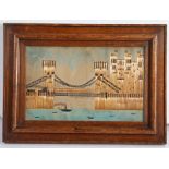 A rare 19th Century Welsh Folk Art straw picture depicting Conway Bridge & Castle, titled beneath