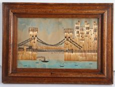 A rare 19th Century Welsh Folk Art straw picture depicting Conway Bridge & Castle, titled beneath