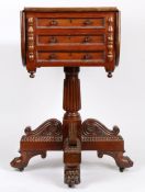 In the manner of Gillows a mahogany work table, the square top with drop leaves above three
