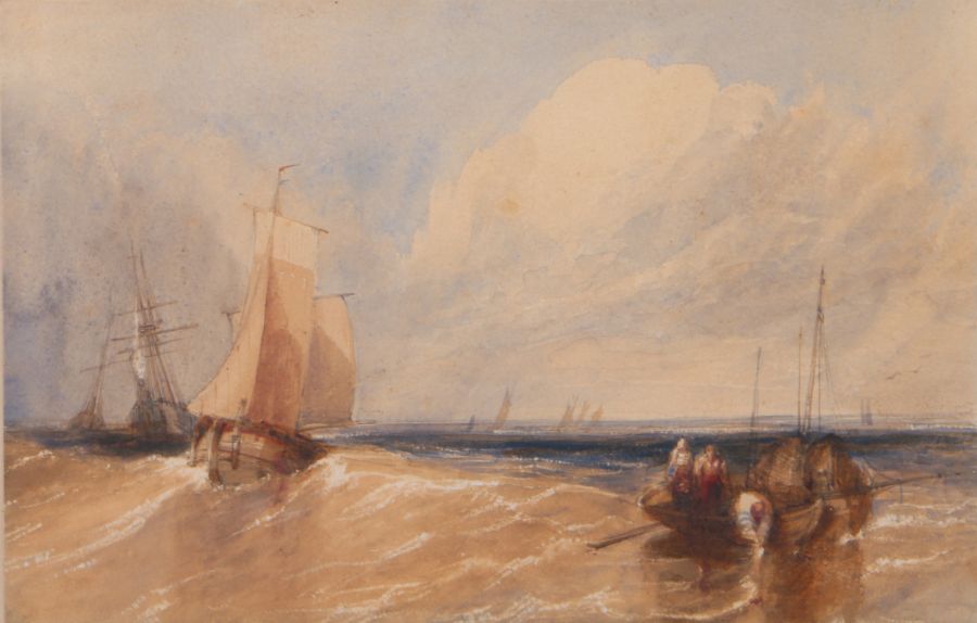 Attributed to Edward Duncan (British, 1803-1882) Pulling in the Nets watercolour 16.5 x 25.5cm (6.5"