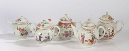 Five 18th Century English porcelain teapots, to include Lowestoft examples