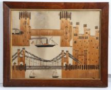 A rare 19th Century Welsh Folk Art straw picture depicting Conway Bridge & Castle, with sailing
