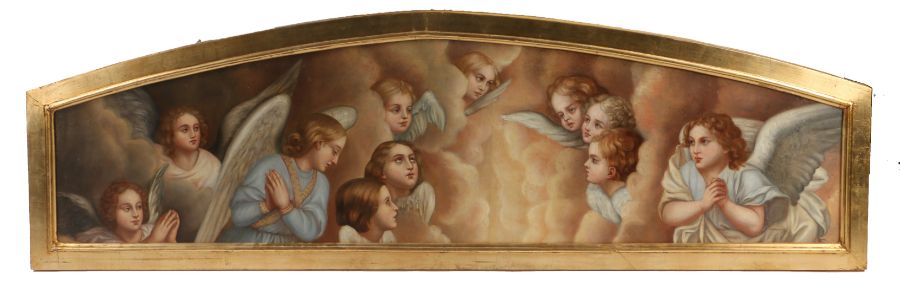 Italian school, circa 1890, angels amongst clouds, housed in an arched gilt frame, 211.5cm wide,