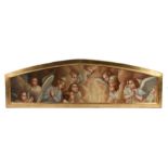 Italian school, circa 1890, angels amongst clouds, housed in an arched gilt frame, 211.5cm wide,