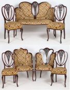 A good Edwardian mahogany seven piece Hepplewhite style salon suite, to include a two seater