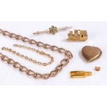 Collection of gold and yellow metal items to include a 9 carat gold bar brooch, unmarked charm in