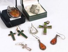 Collection of mostly silver items to include amber pendant and pair of earrings, Celtic crosses,
