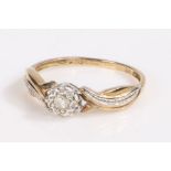 9 carat gold and diamond ring, the head set with a illusion set brilliant cut diamond, ring size L