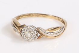 9 carat gold and diamond ring, the head set with a illusion set brilliant cut diamond, ring size L