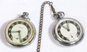 Two Ingersoll open face pocket watches, the dials with Arabic numerals and subsidiary seconds dials,