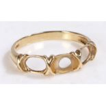 14 carat gold ring, the head set with three recesses for oval stones, stamped 585, ring size V