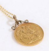 Edward VII sovereign 1904, set on a unmarked yellow metal chain and mount, gross weight 10.4 grams