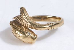 9 carat gold ring in the form of a fish, the eyes set with diamonds, Stamped 375,  ring size Q 1/2