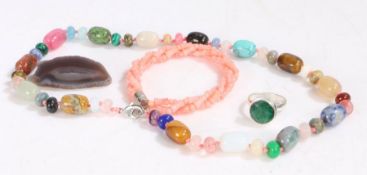Collection of jewelelry to include pink coral bracelet, multi stone necklace, agate brooch and a