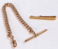 9 carat gold pocket watch chain and T bar together with a 9 carat gold tie clip, gross weight 14.4