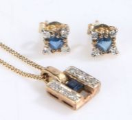 Suit of 9 carat gold diamond and sapphire jewellery to include a pendant and chain and a pair of