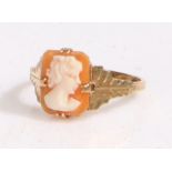 9 carat gold cameo ring, the head set with a rectangular cameo, ring size K weight 1.6 grams