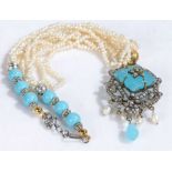 Pearl paste and Chalcedony necklace, with a decorative pendant above a multi row pearl necklace,